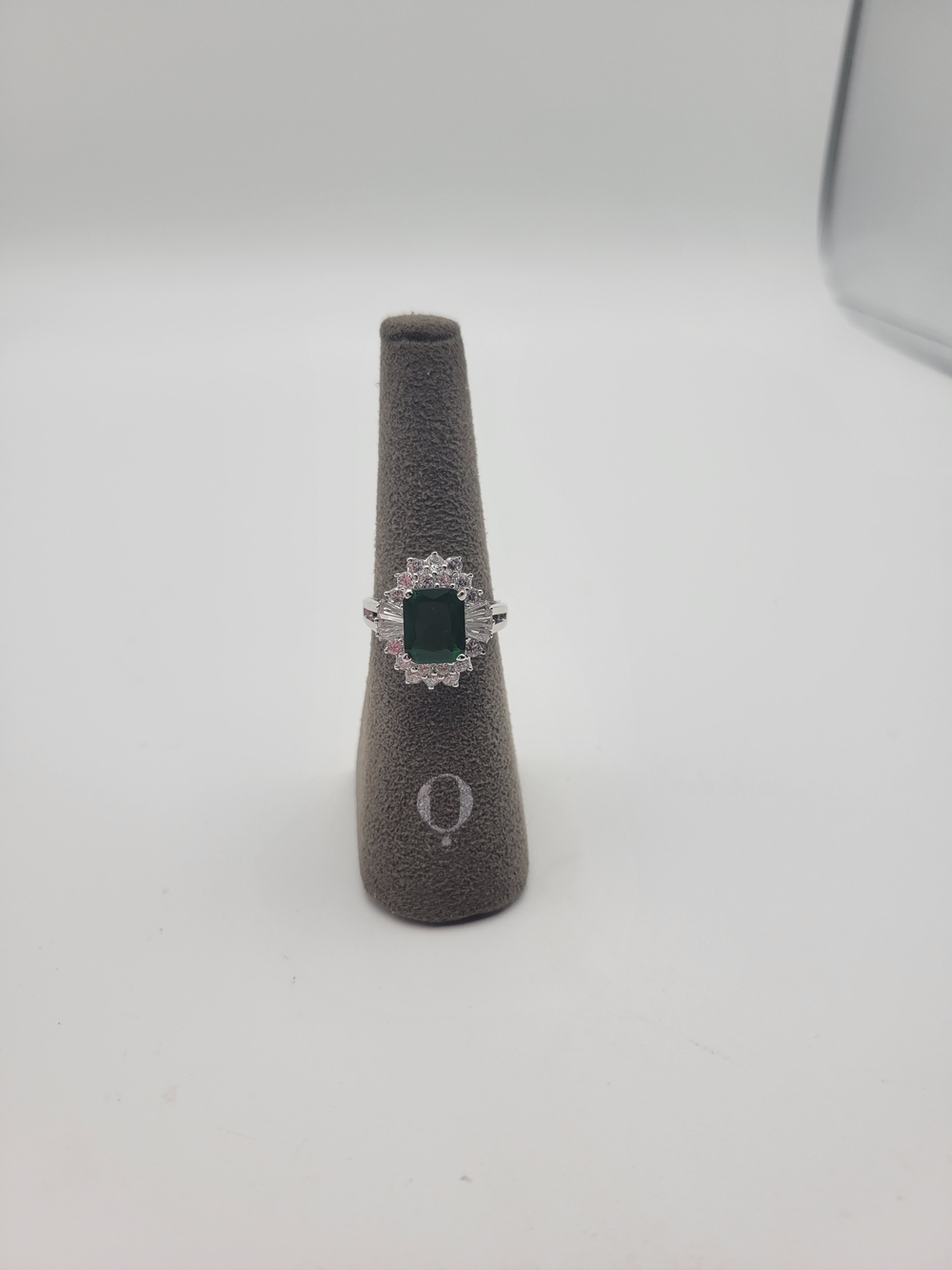 Modern Sterling Silver Lab Created Emerald Halo Silver Ring Size 7.75